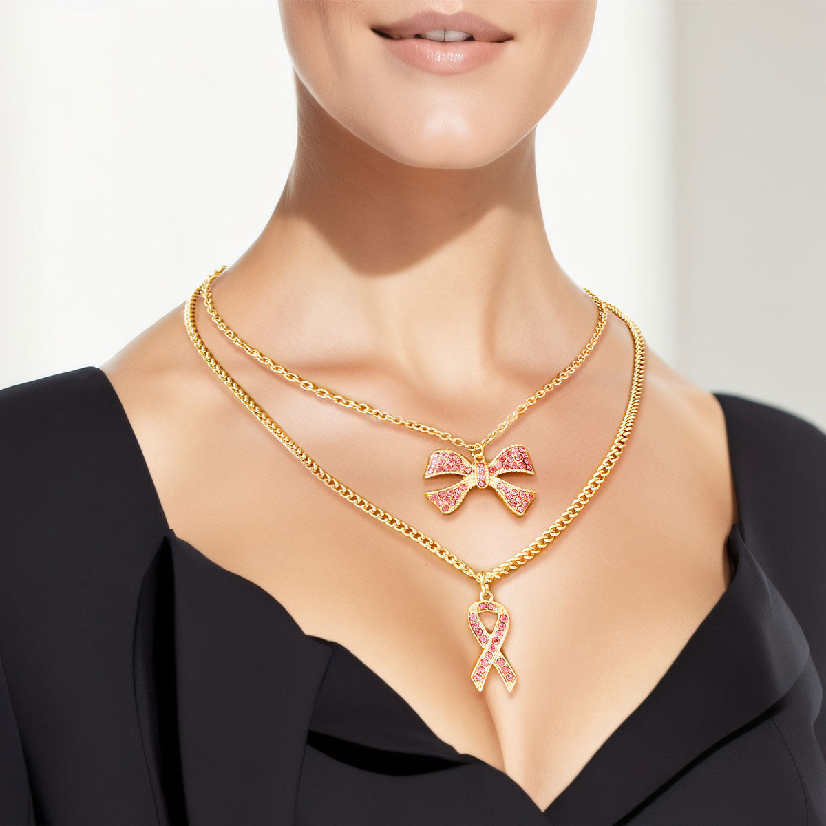 Pink Ribbon Double Layer Gold Necklace Set – Ur Shapewear